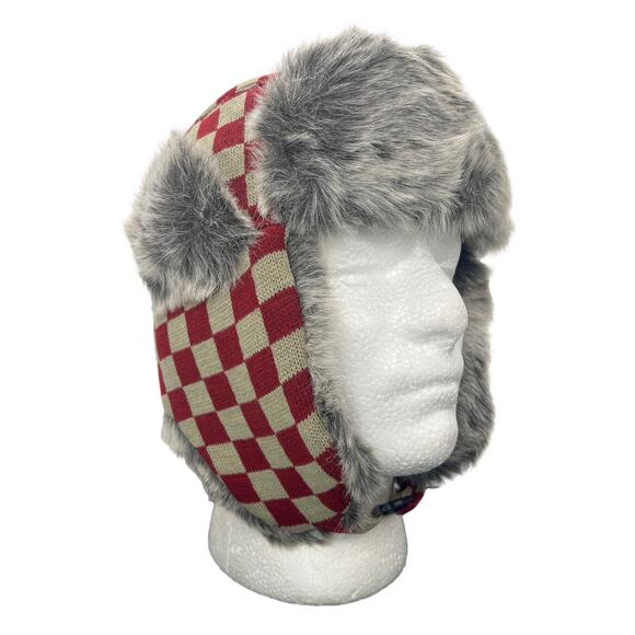 Red Checkered Aviator Hat Faux Fur Winter Ski Trooper Trapper Ear Flap Cap - Picture 3 of 6